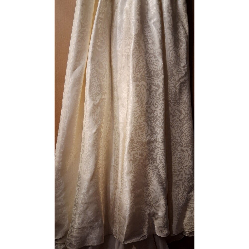 Vintage 80s 90s Satin Wedding Gown with Cathedral Train Romantic Brocade Floral - Picture 13 of 16